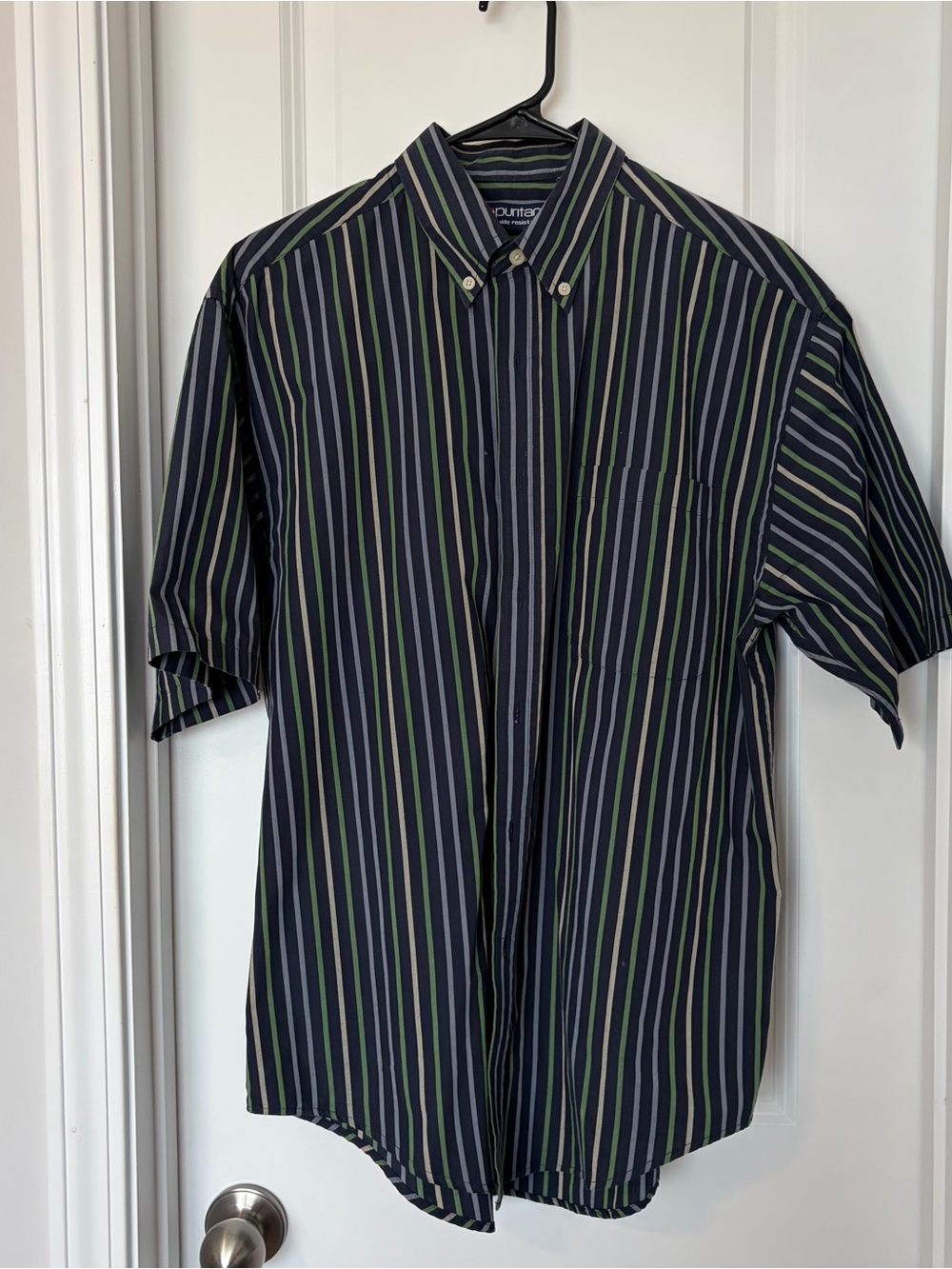 Puritan Navy Shirt with Green and Light Blue Stripes
Size 38/40